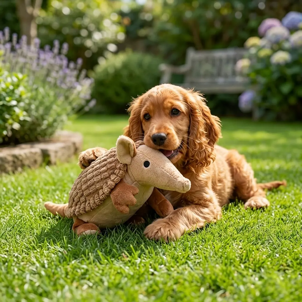 Armadillo plush dog toy for interactive play
