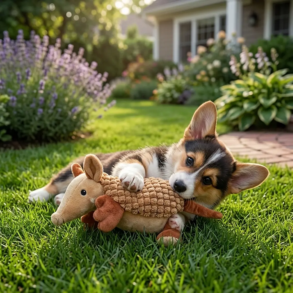 Plush armadillo squeaky toy for dogs