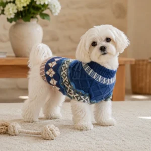 Blue diamond cable knit dog sweater