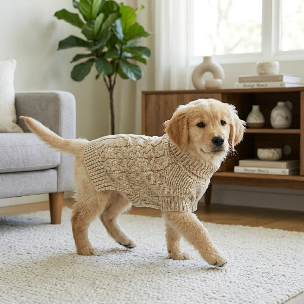Khaki Classic Cable Knit Dog Sweater - Image 4