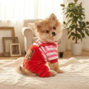 Red bear fleece dog overalls
